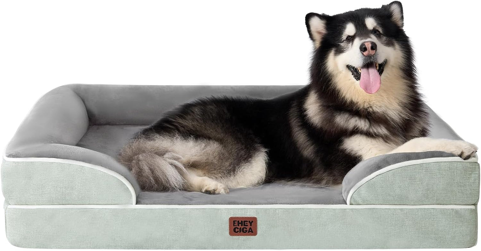 Orthopedic Dog Beds for Large Dogs, Waterproof Memory Foam Large Dog Bed with Sides, Non-Slip Bottom and Egg-Crate Foam Pet Couch Bed with Washable Removable Cover, Grey