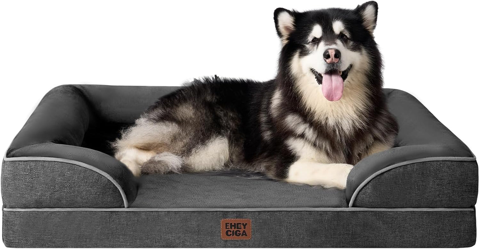 Orthopedic Dog Beds for Large Dogs, Waterproof Memory Foam Large Dog Bed with Sides, Non-Slip Bottom and Egg-Crate Foam Pet Couch Bed with Washable Removable Cover, Grey