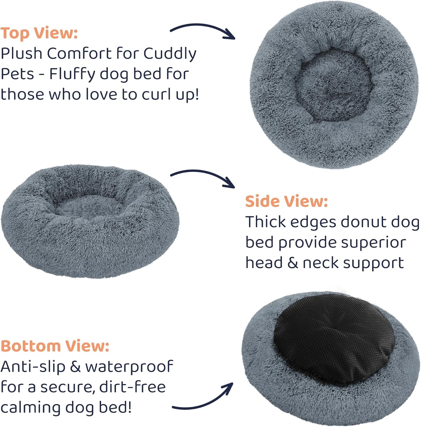 Donut Dog Bed - Premium Comfort for Anxiety Relief - Fluffy & Calming Design with Ultra-Plush Support | Cozy round Dog Bed with Super Soft Circle Style (Dark Grey, Small)