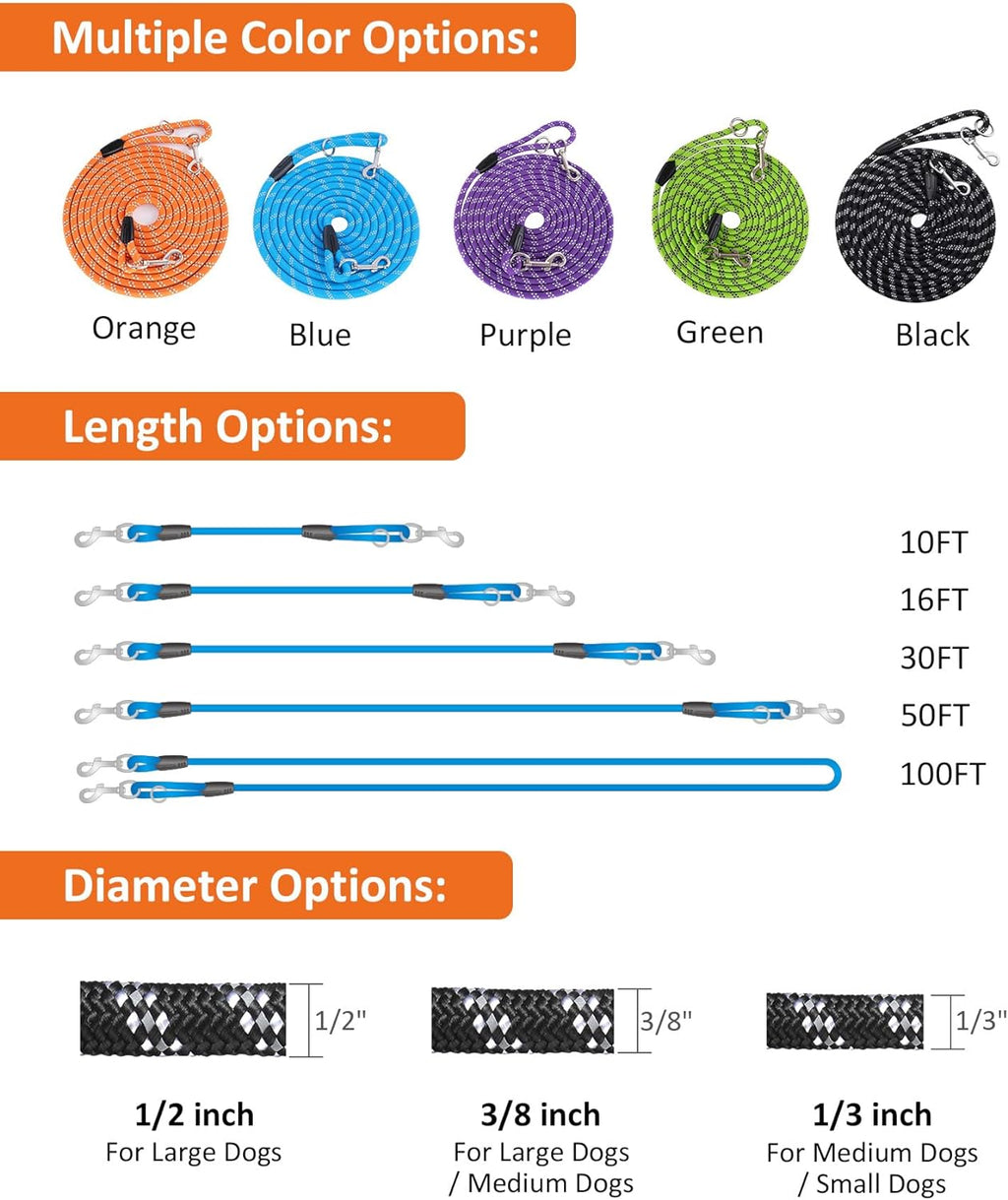 Long Dog Leash for Training 10FT/16FT/20FT/30FT/50FT/100FT, Reflective Tie Out, Heavy Duty Dog Lead for Large, Medium & Small Dogs - outside Walking, Playing, Camping, Yard