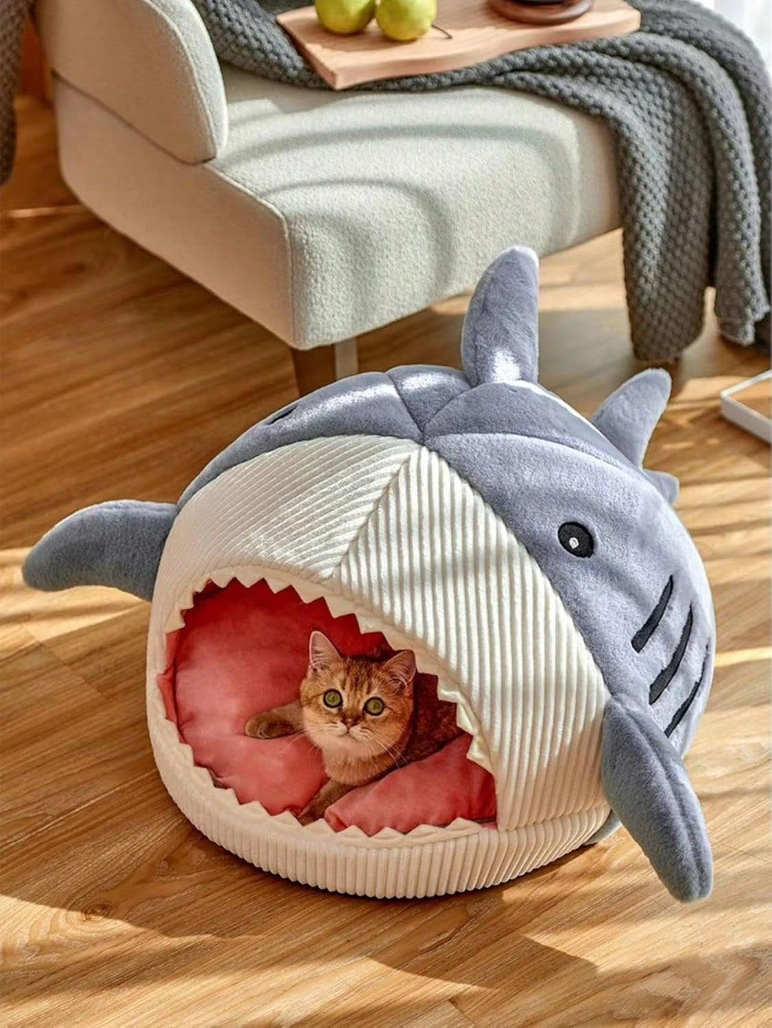 Shark-Shaped Cozy Cat Bed – Warm Hideout House for Cats & Small Pets