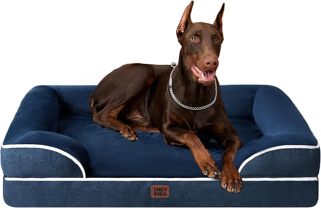 Orthopedic Dog Beds for Large Dogs, Waterproof Memory Foam Large Dog Bed with Sides, Non-Slip Bottom and Egg-Crate Foam Pet Couch Bed with Washable Removable Cover, Grey
