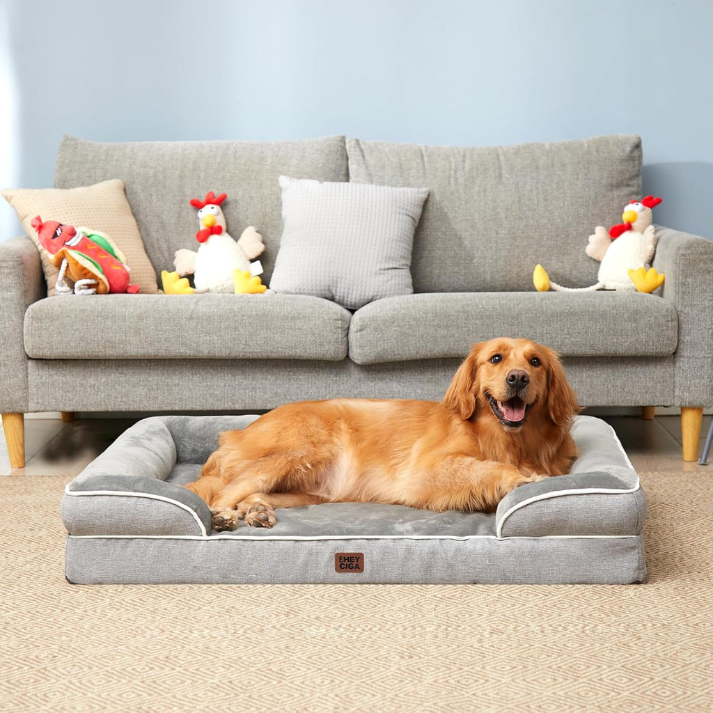 Orthopedic Dog Beds for Large Dogs, Waterproof Memory Foam Large Dog Bed with Sides, Non-Slip Bottom and Egg-Crate Foam Pet Couch Bed with Washable Removable Cover, Grey