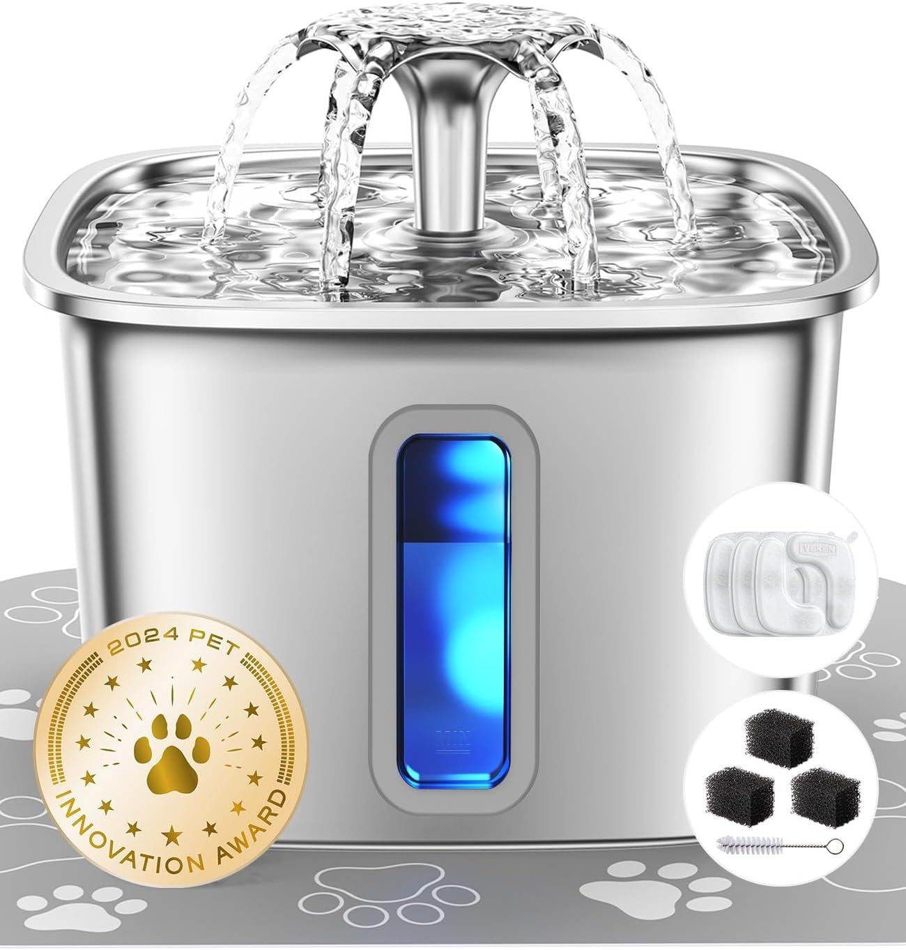 Innovation Award Winner Stainless Steel Cat Water Fountain, 95Oz/2.8L Automatic Pet Fountain Dog Water Dispenser with Replacement Filters & Silicone Mat for Cats, Dogs (Space Black)