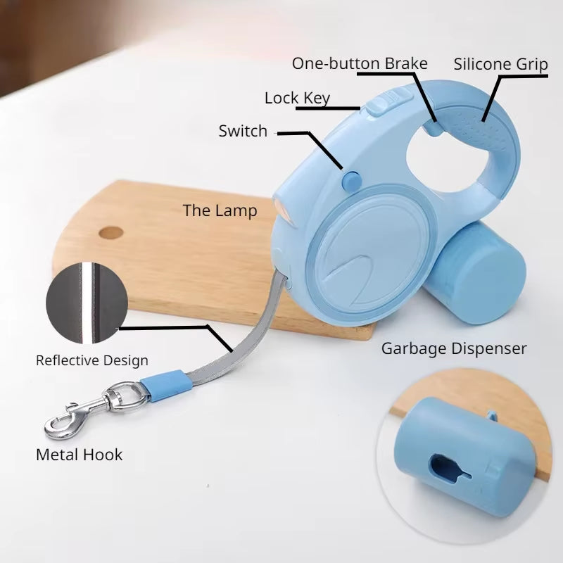 Retractable Dog Leash with LED Poop Bag Dispenser 16 FT Reflective Leash Dog Walking Puppy Durable Tractor Multifunctional Rope