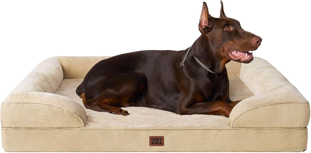 Orthopedic Dog Beds for Large Dogs, Waterproof Memory Foam Large Dog Bed with Sides, Non-Slip Bottom and Egg-Crate Foam Pet Couch Bed with Washable Removable Cover, Grey