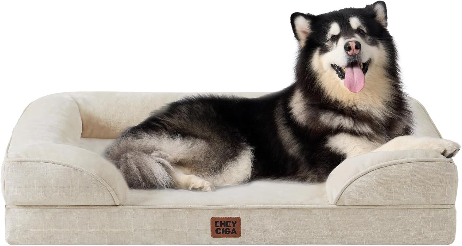 Orthopedic Dog Beds for Large Dogs, Waterproof Memory Foam Large Dog Bed with Sides, Non-Slip Bottom and Egg-Crate Foam Pet Couch Bed with Washable Removable Cover, Grey