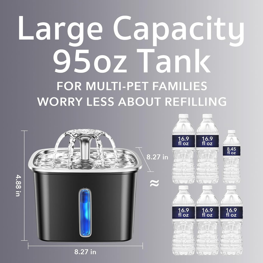 Innovation Award Winner Stainless Steel Cat Water Fountain, 95Oz/2.8L Automatic Pet Fountain Dog Water Dispenser with Replacement Filters & Silicone Mat for Cats, Dogs (Space Black)