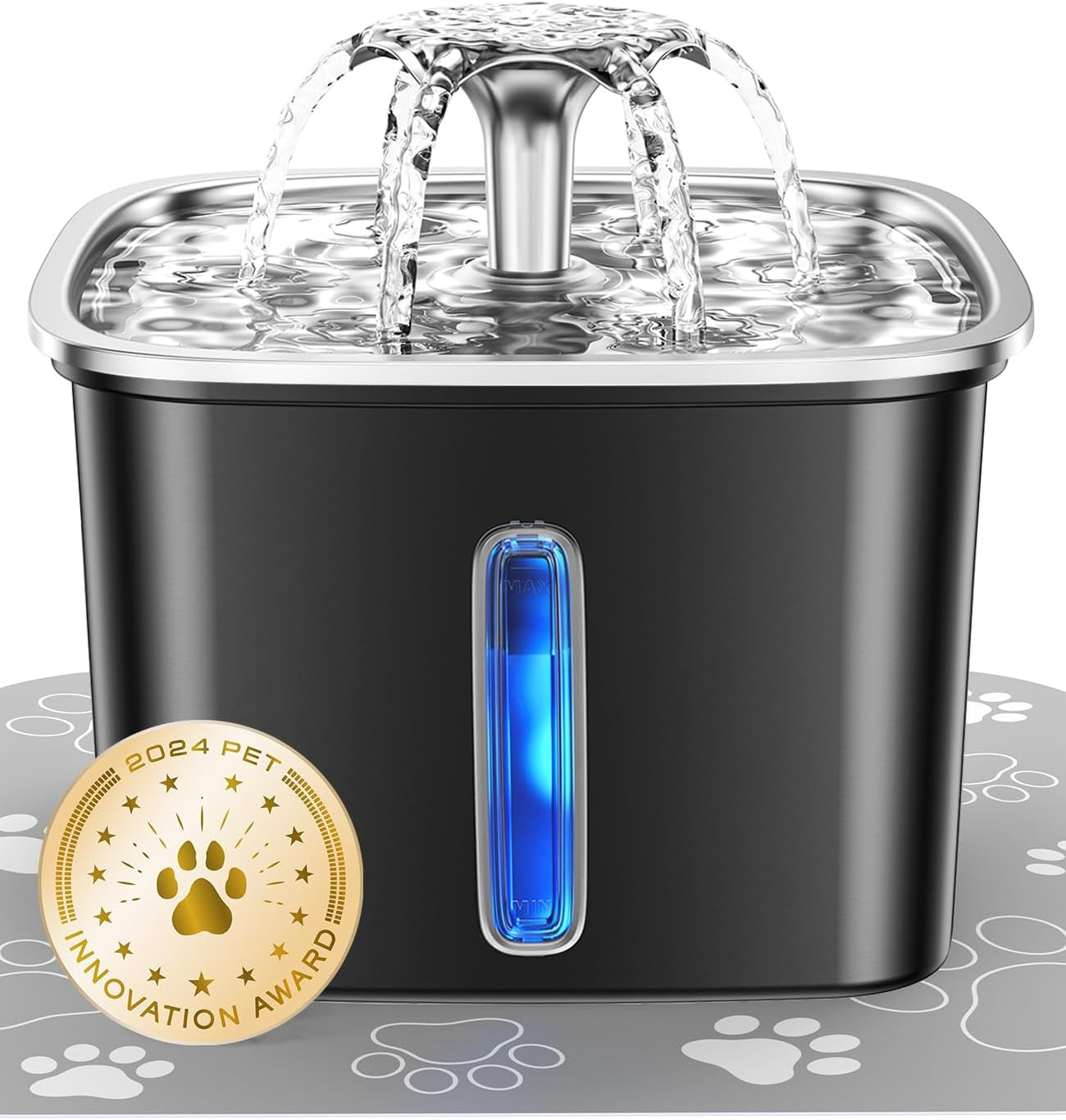 Innovation Award Winner Stainless Steel Cat Water Fountain, 95Oz/2.8L Automatic Pet Fountain Dog Water Dispenser with Replacement Filters & Silicone Mat for Cats, Dogs (Space Black)
