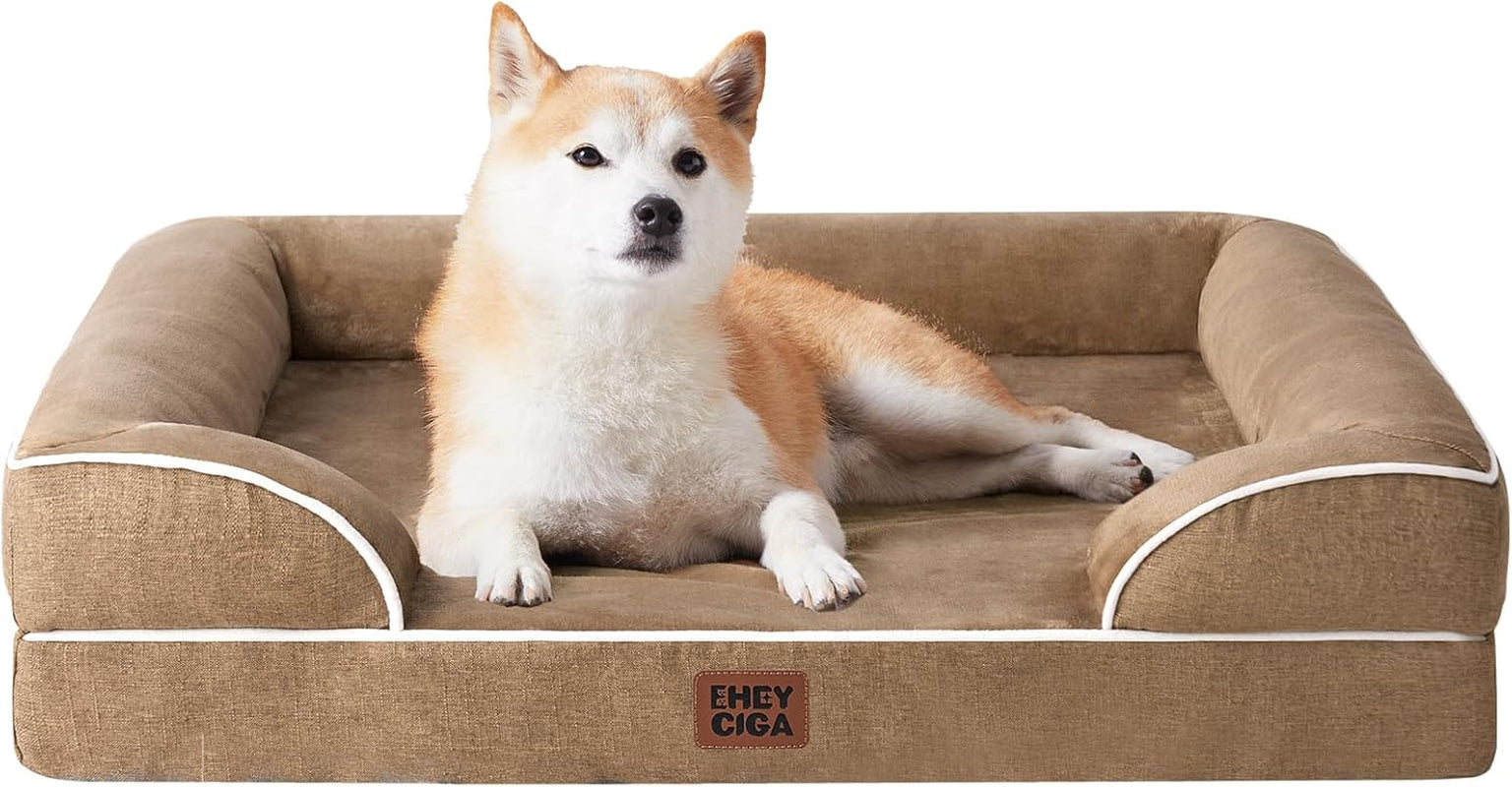 Orthopedic Dog Beds for Large Dogs, Waterproof Memory Foam Large Dog Bed with Sides, Non-Slip Bottom and Egg-Crate Foam Pet Couch Bed with Washable Removable Cover, Grey