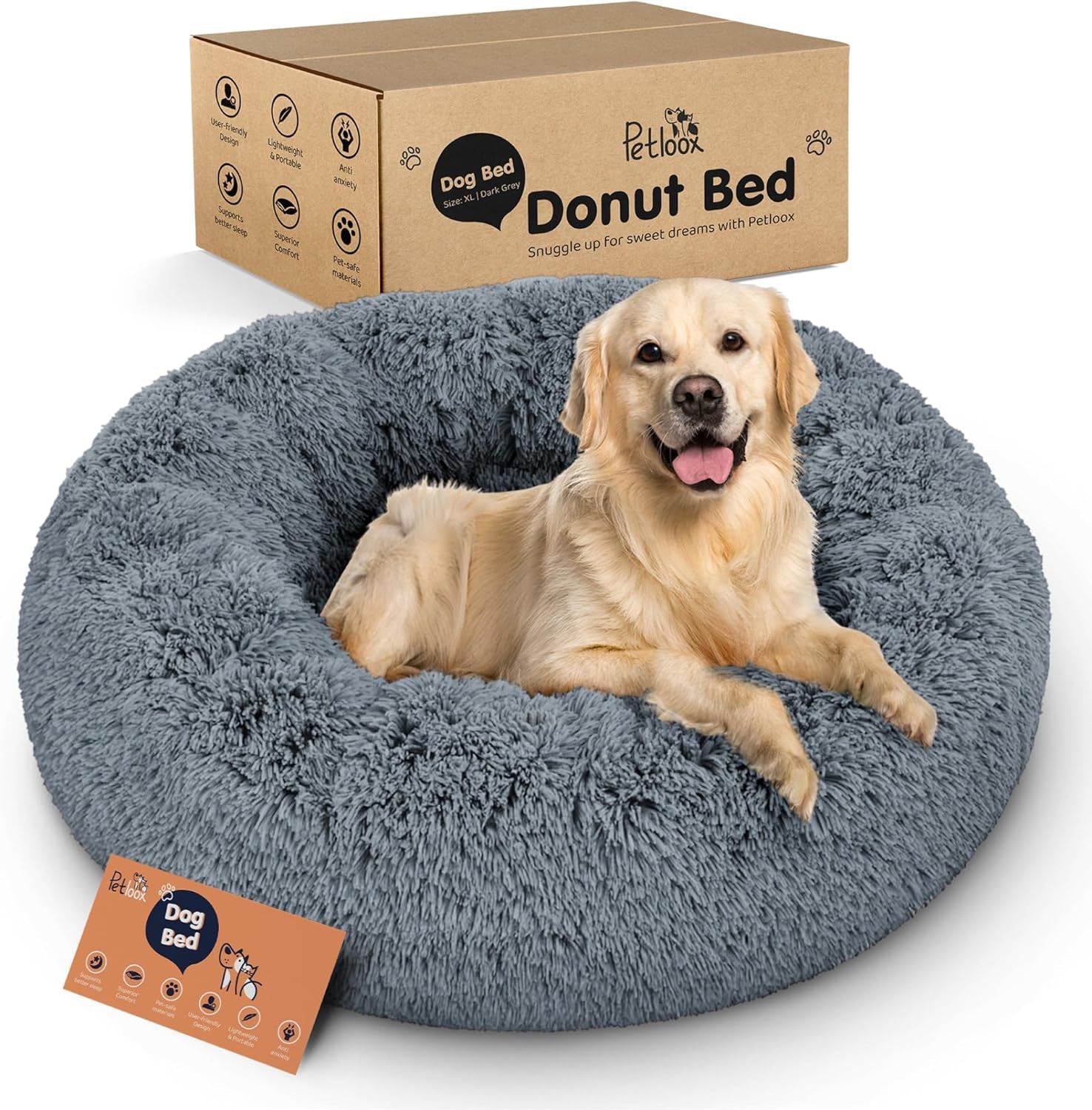 Donut Dog Bed - Premium Comfort for Anxiety Relief - Fluffy & Calming Design with Ultra-Plush Support | Cozy round Dog Bed with Super Soft Circle Style (Dark Grey, Small)