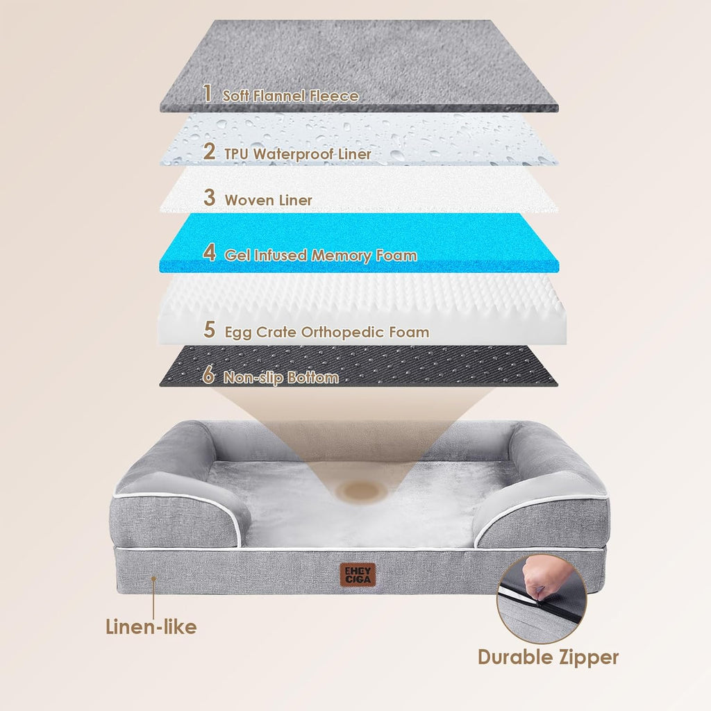 Orthopedic Dog Beds for Large Dogs, Waterproof Memory Foam Large Dog Bed with Sides, Non-Slip Bottom and Egg-Crate Foam Pet Couch Bed with Washable Removable Cover, Grey